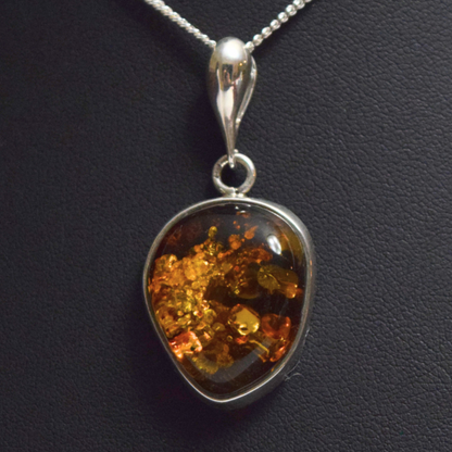 Cognac Essence - 925 Sterling Silver Embraced Baltic Amber Necklace (Pendant with Sterling Silver Chain)