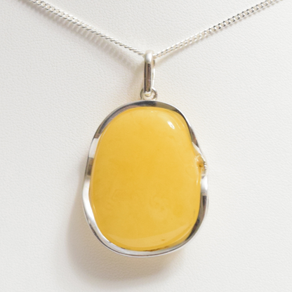 Lemon Luminescence - 925 Sterling Silver Encased Baltic Amber Necklace (Pendant with Sterling Silver Chain)