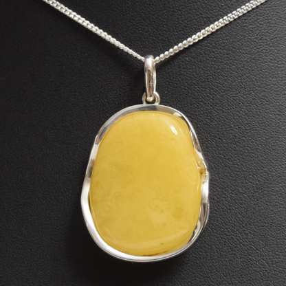 Lemon Luminescence - 925 Sterling Silver Encased Baltic Amber Necklace (Pendant with Sterling Silver Chain)