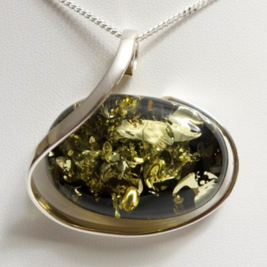 Verdant Twist - The Olive Essence Amber 925 Sterling Silver Necklace (Pendant with Sterling Silver Chain)