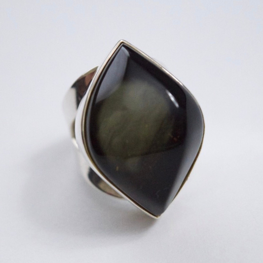 Verdant Vision - An Eye Catching Green Amber Ring in 925 Sterling Silver