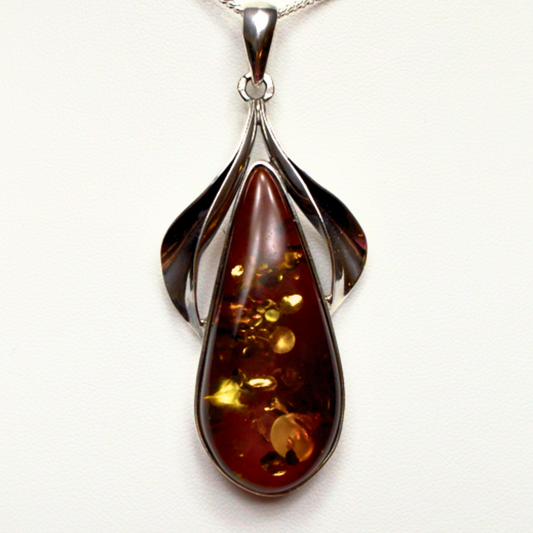 Amber Sails - 925 Sterling Silver Wrapped Brilliant Baltic Amber Necklace (Pendant with Sterling Silver Chain)