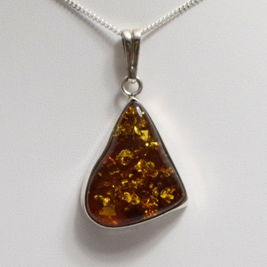 Baltic Brilliance - Triangular Cognac Amber 925 Sterling Silver Necklace (Pendant with Sterling Silver Chain)