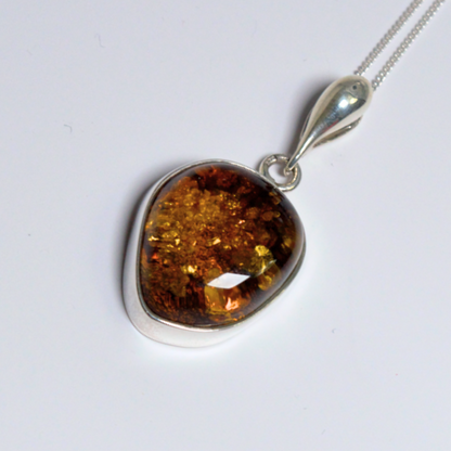 Cognac Essence - 925 Sterling Silver Embraced Baltic Amber Necklace (Pendant with Sterling Silver Chain)