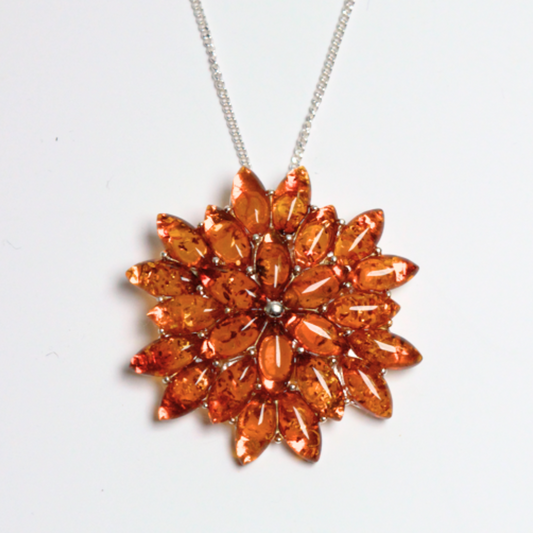 Amber Blossom - Classic Multi-Stone Floral Baltic Amber 925 Sterling Silver Necklace (Pendant with Sterling Sliver Chain)