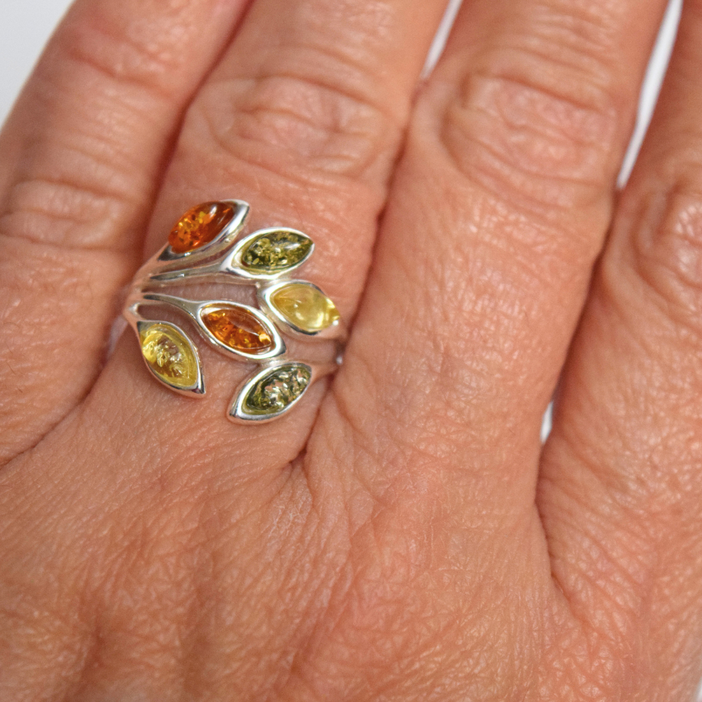 Amber Spectrum - Multicolor Baltic Amber 925 Sterling Silver Ring