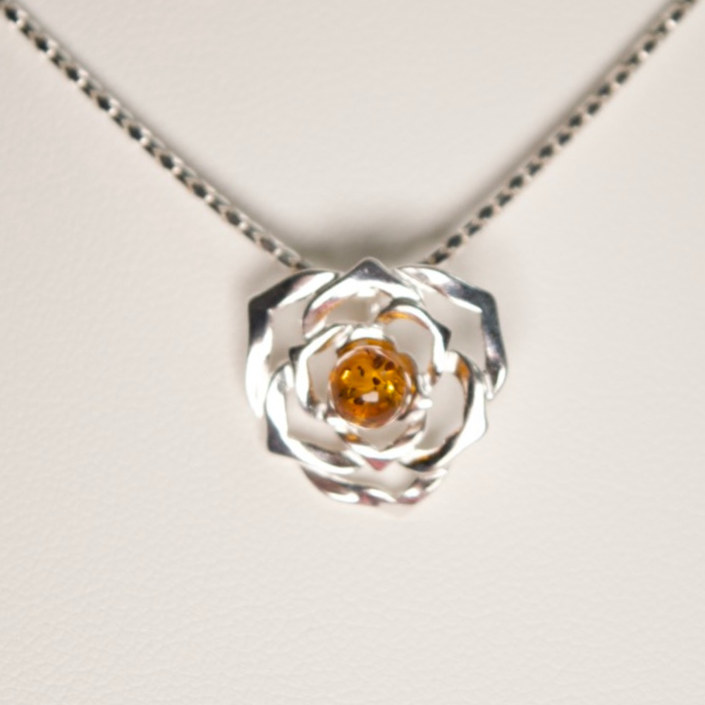 Amber Rose Elegance - Baltic Amber 925 Sterling Silver Rose Necklace (Pendant with Sterling Silver Chain)