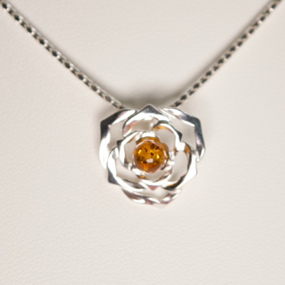 Amber Rose Elegance - Baltic Amber 925 Sterling Silver Rose Necklace (Pendant with Sterling Silver Chain)