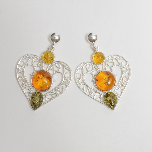 Amber Heart Symphony - Tricolor Baltic Amber 925 Sterling Silver Drop Earrings