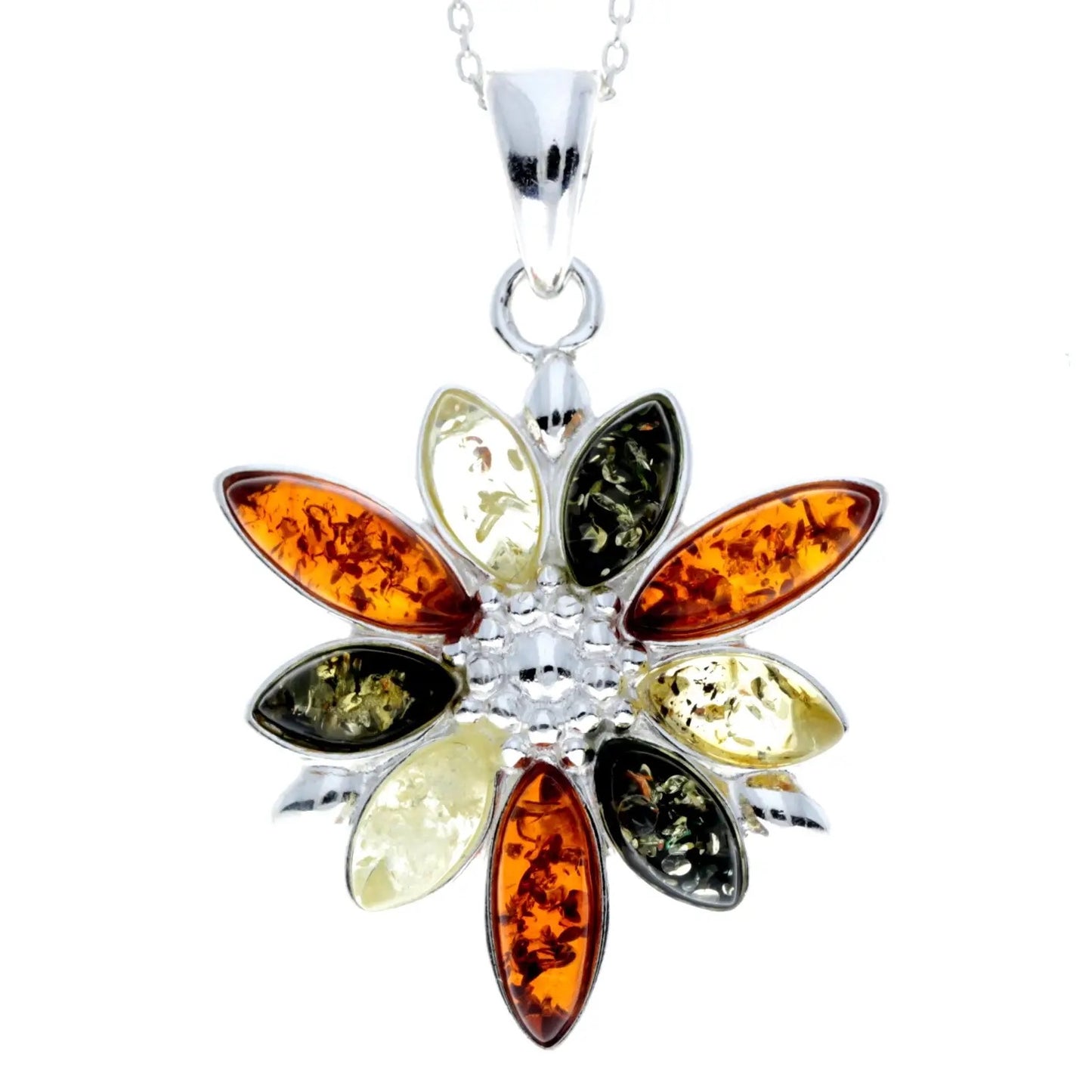 Baltic Blossom - Exquisite Floral Tricolor Amber 925 Sterling Silver Necklace (Pendant with Sterling Silver Chain)