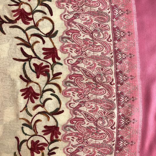 Raspberry Cream Pashmina Shawl - Paisley Kashmiri Embroidered Shawl