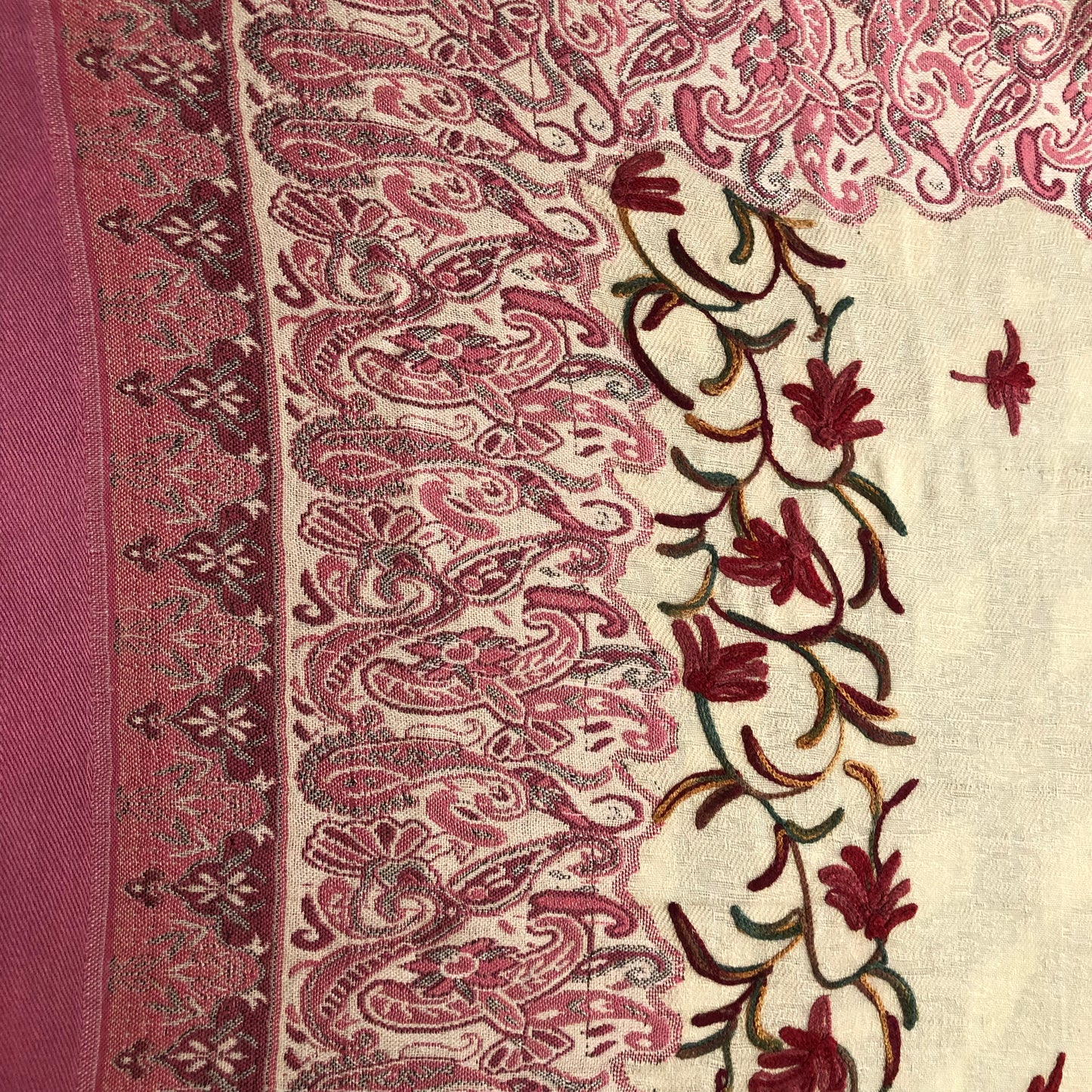 Raspberry Cream Pashmina Shawl - Paisley Kashmiri Embroidered Shawl