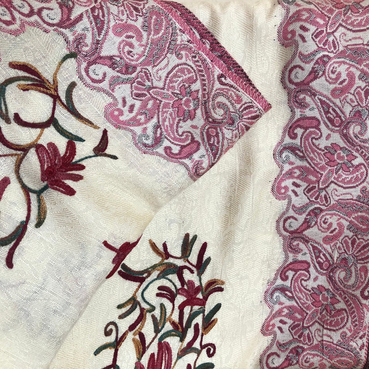 Raspberry Cream Pashmina Shawl - Paisley Kashmiri Embroidered Shawl