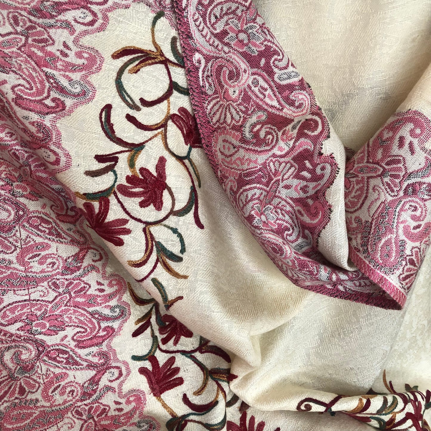 Raspberry Cream Pashmina Shawl - Paisley Kashmiri Embroidered Shawl