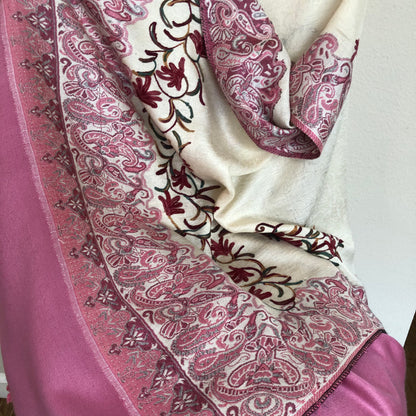 Raspberry Cream Pashmina Shawl - Paisley Kashmiri Embroidered Shawl