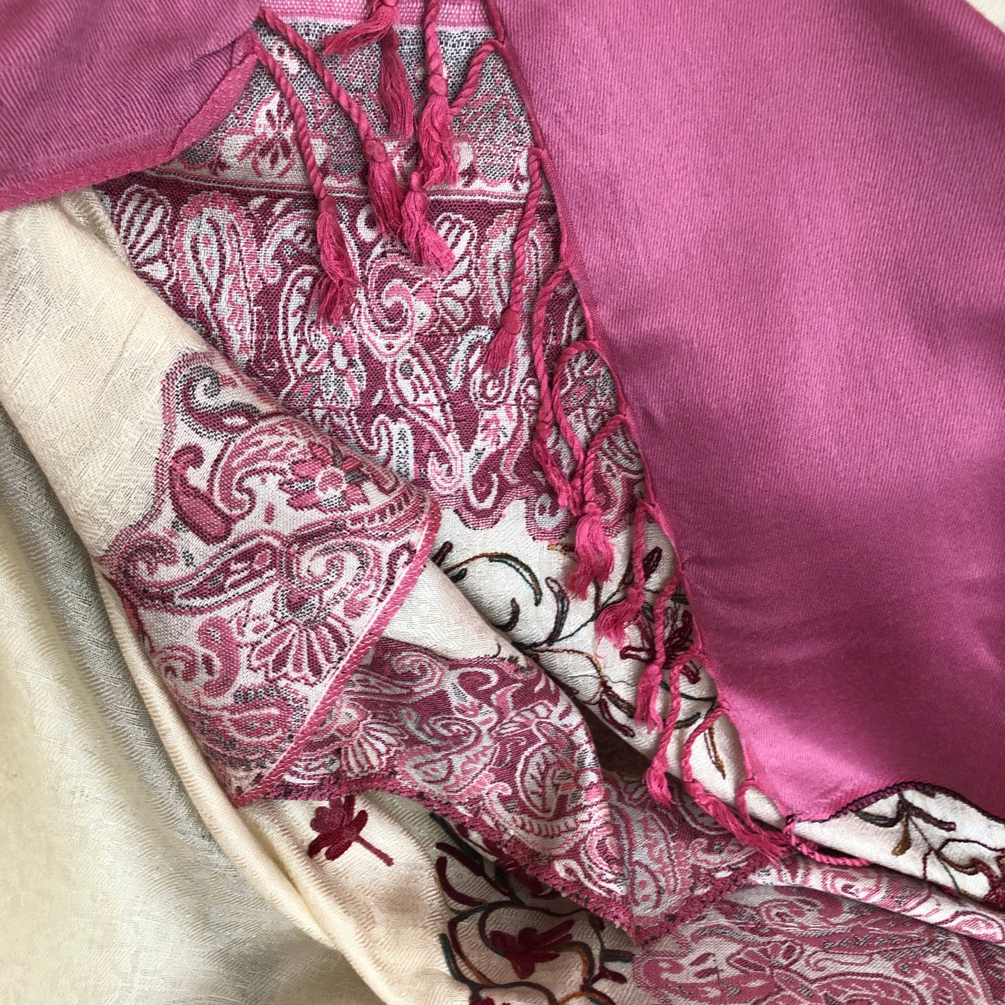 Raspberry Cream Pashmina Shawl - Paisley Kashmiri Embroidered Shawl