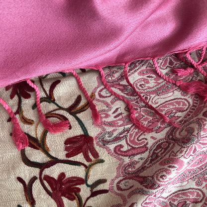 Raspberry Cream Pashmina Shawl - Paisley Kashmiri Embroidered Shawl