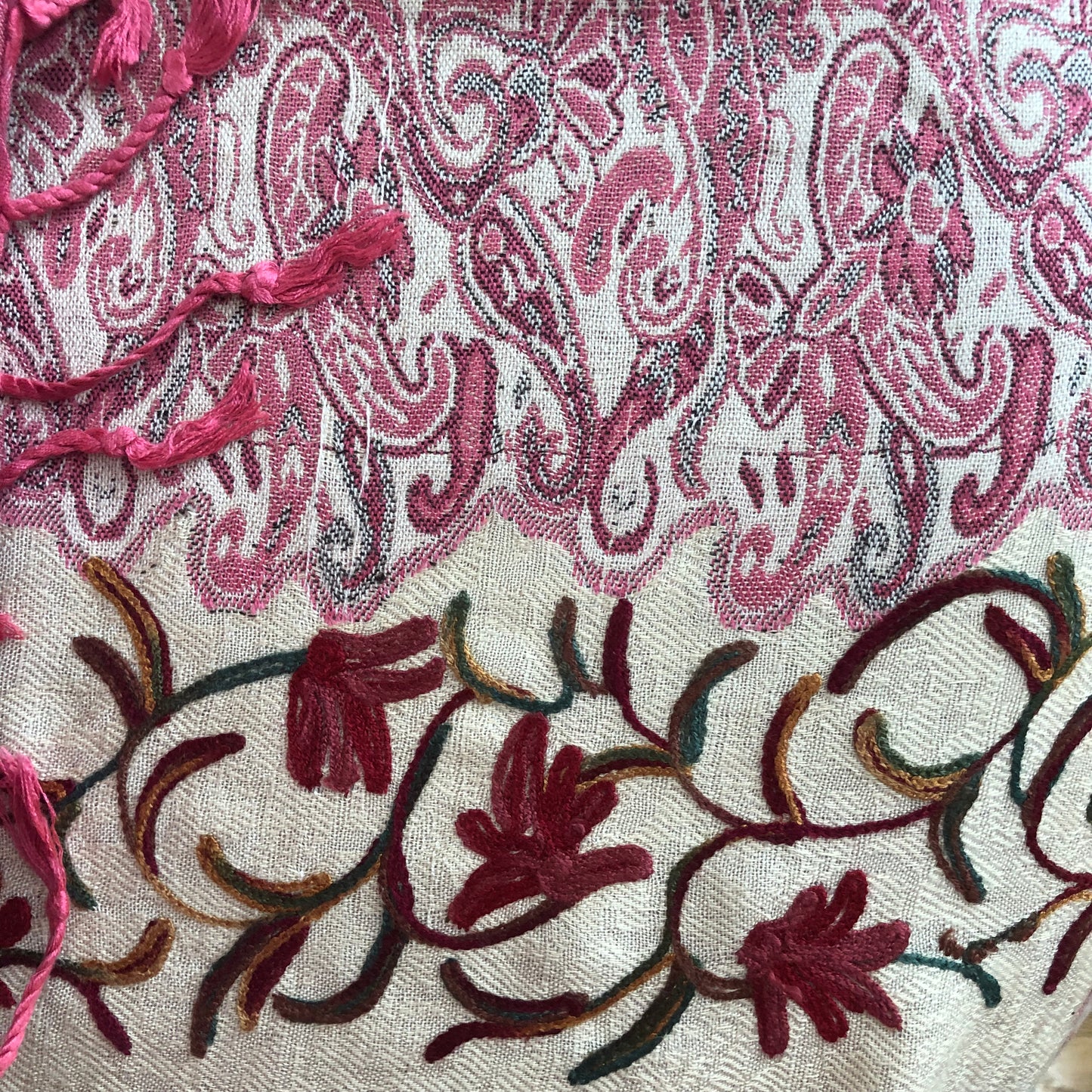 Raspberry Cream Pashmina Shawl - Paisley Kashmiri Embroidered Shawl