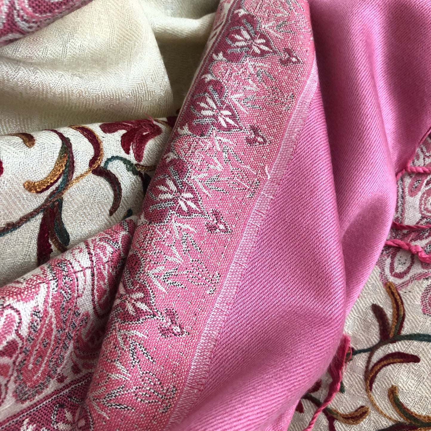 Raspberry Cream Pashmina Shawl - Paisley Kashmiri Embroidered Shawl