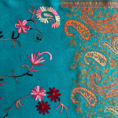 The Azure Splendor Shawl - Teal Blue Kashmiri Embroidered Shawl