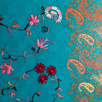 The Azure Splendor Shawl - Teal Blue Kashmiri Embroidered Shawl