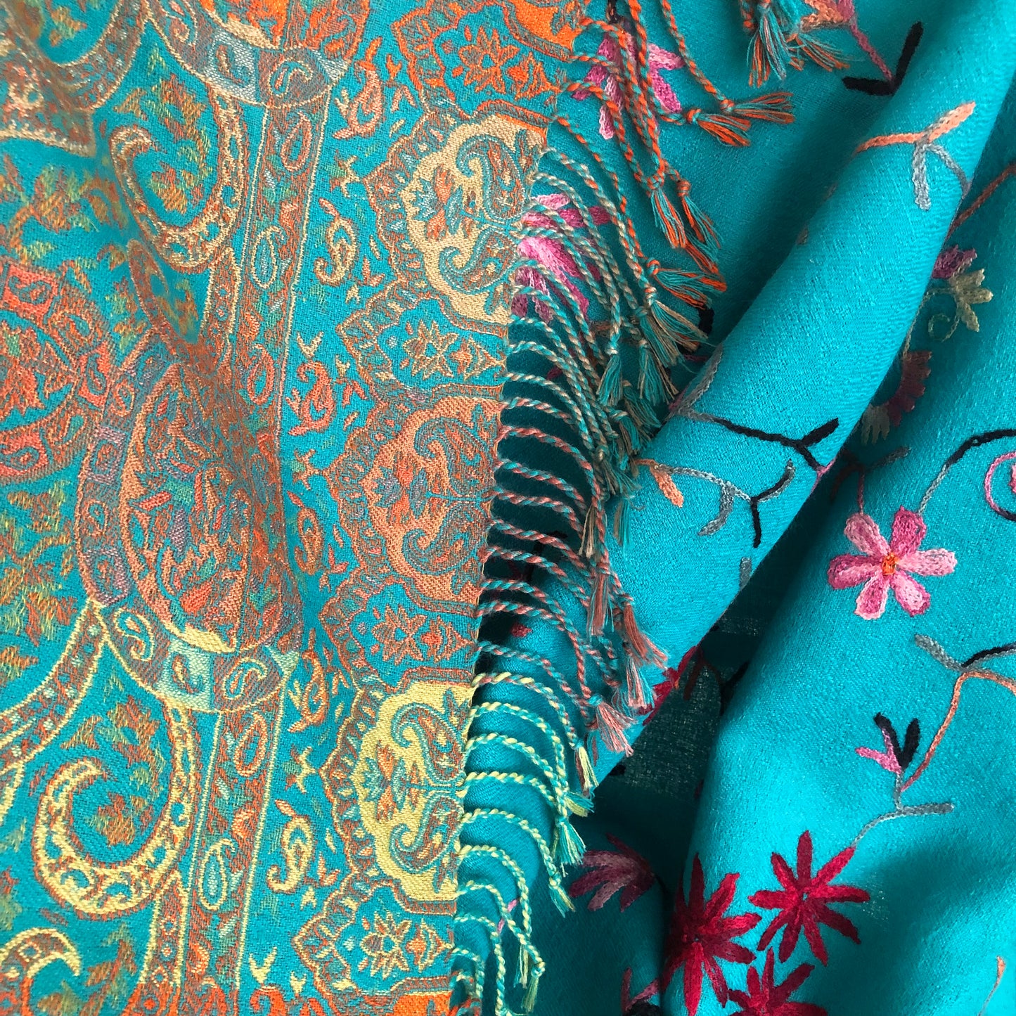 The Azure Splendor Shawl - Teal Blue Kashmiri Embroidered Shawl