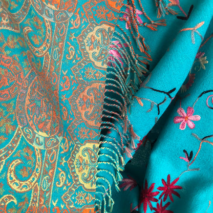 The Azure Splendor Shawl - Teal Blue Kashmiri Embroidered Shawl