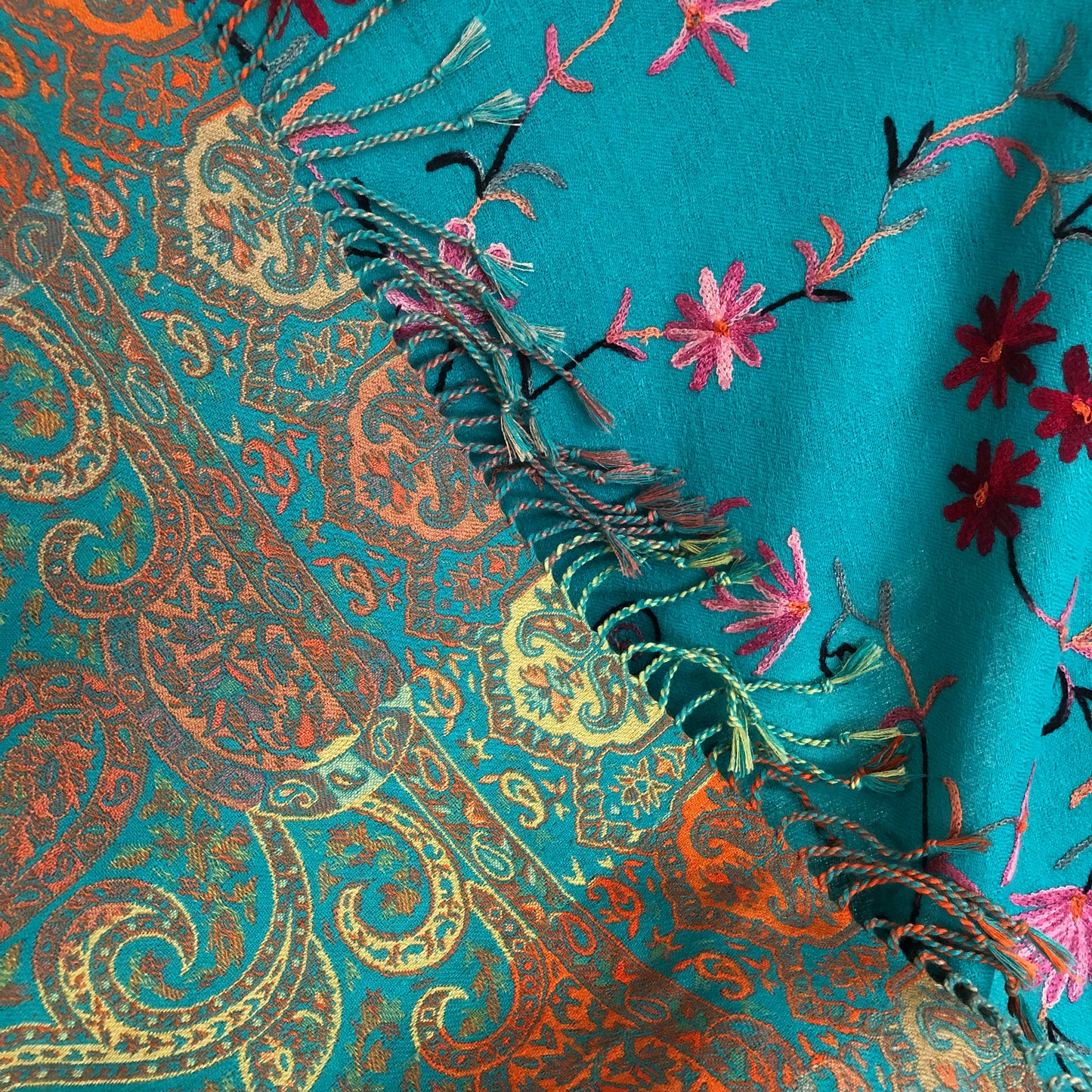 The Azure Splendor Shawl - Teal Blue Kashmiri Embroidered Shawl