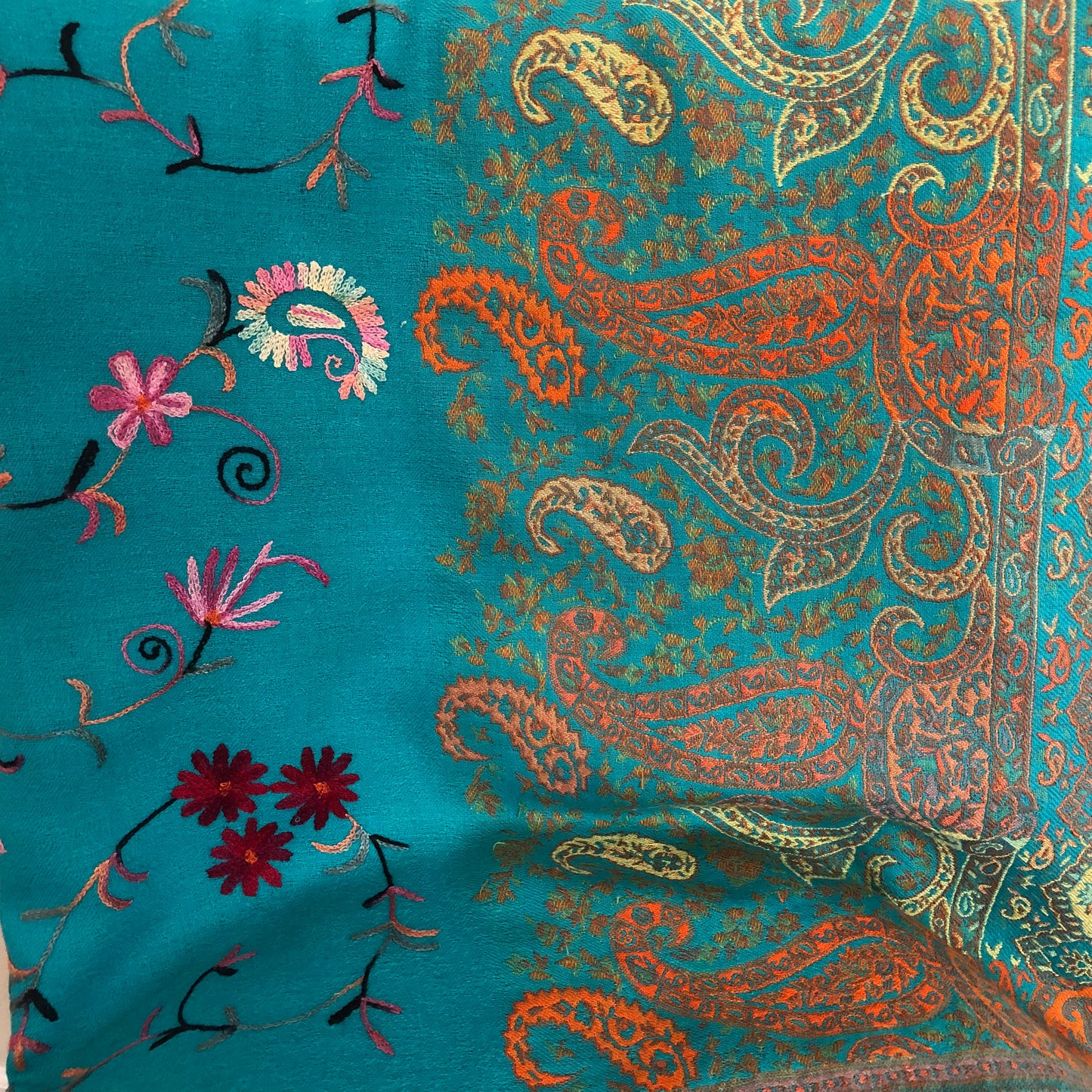 The Azure Splendor Shawl - Teal Blue Kashmiri Embroidered Shawl