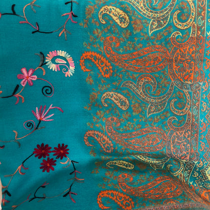 The Azure Splendor Shawl - Teal Blue Kashmiri Embroidered Shawl