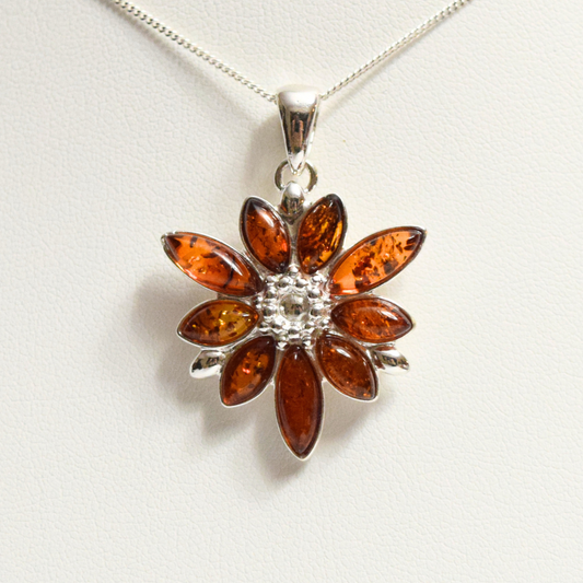 Blossoming Amber - Exquisite Floral Baltic Amber 925 Sterling Silver Necklace (Pendant with Sterling Silver Chain)