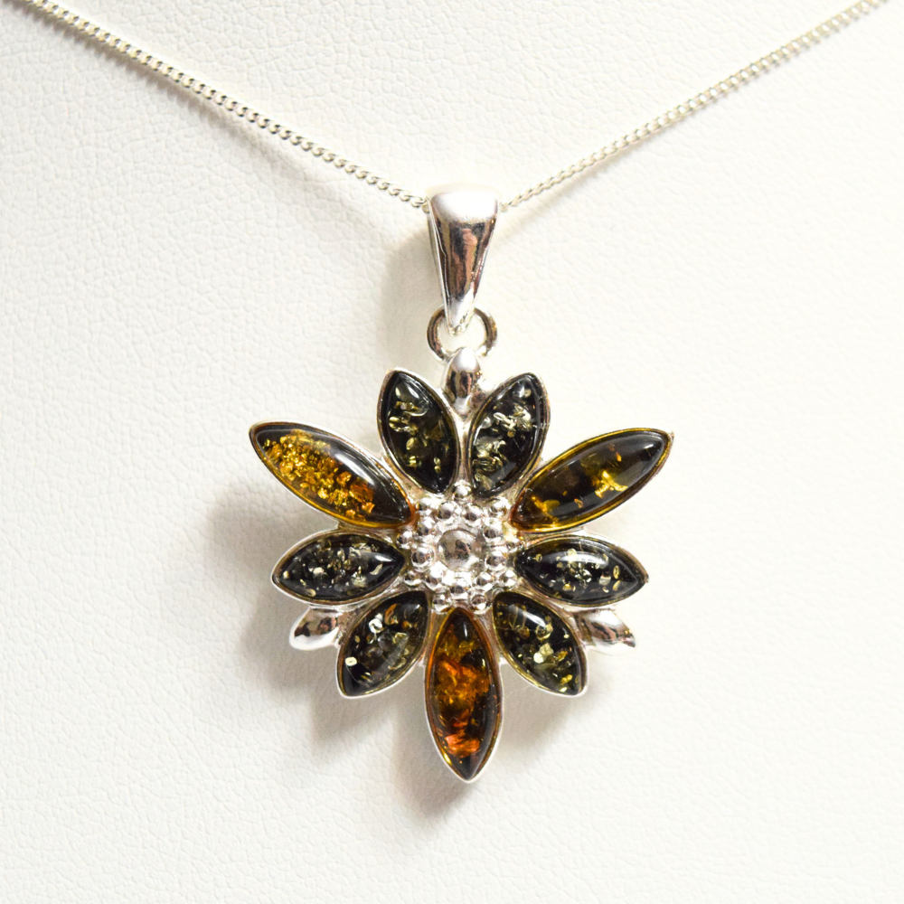 Verdant Vignette - Elegant Floral Green Amber 925 Sterling Silver Necklace (Pendant with Sterling Silver Chain)