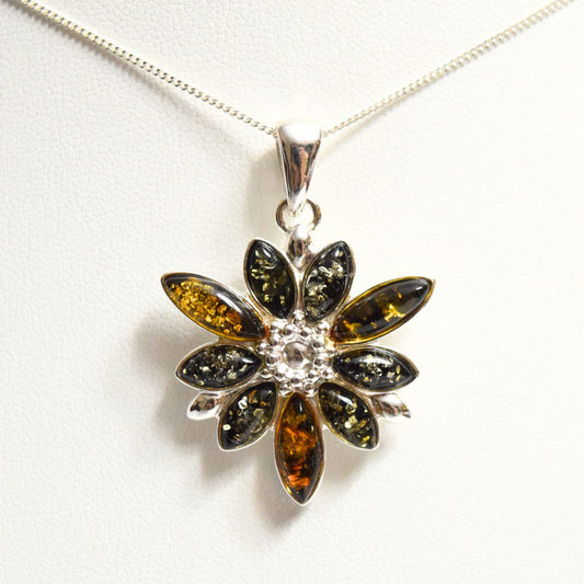 Verdant Vignette - Elegant Floral Green Amber 925 Sterling Silver Necklace (Pendant with Sterling Silver Chain)